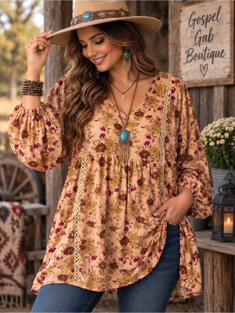 Rusty Dusty 2XL Floral Boho Babydoll Tunic Top Crochet Lace Western